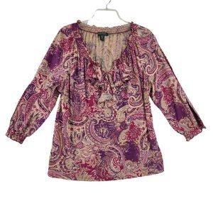 Lauren Ralph Lauren Paisly Print Long Sleeve Blouse Size XL